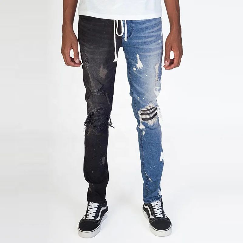 

YUEGE Custom New High Quality Style Jean For Man Two-Tone Distressed Ripped Hole Denim Pants