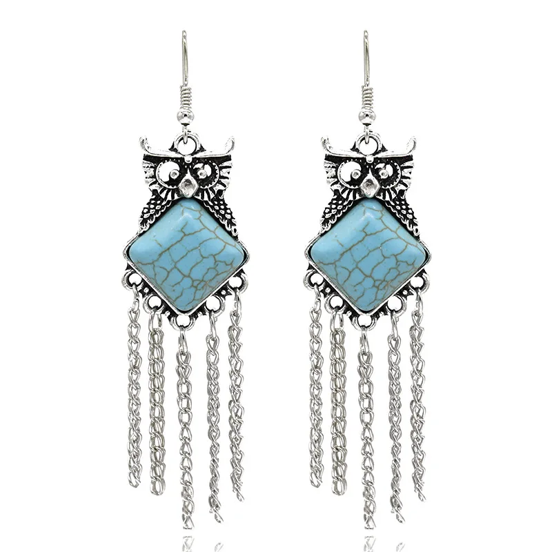 

New Fashion Delicate Boho Turquoise Owl Dangle Earrings Bohemian Silver Animal Long Chain Tassel Earring For Women