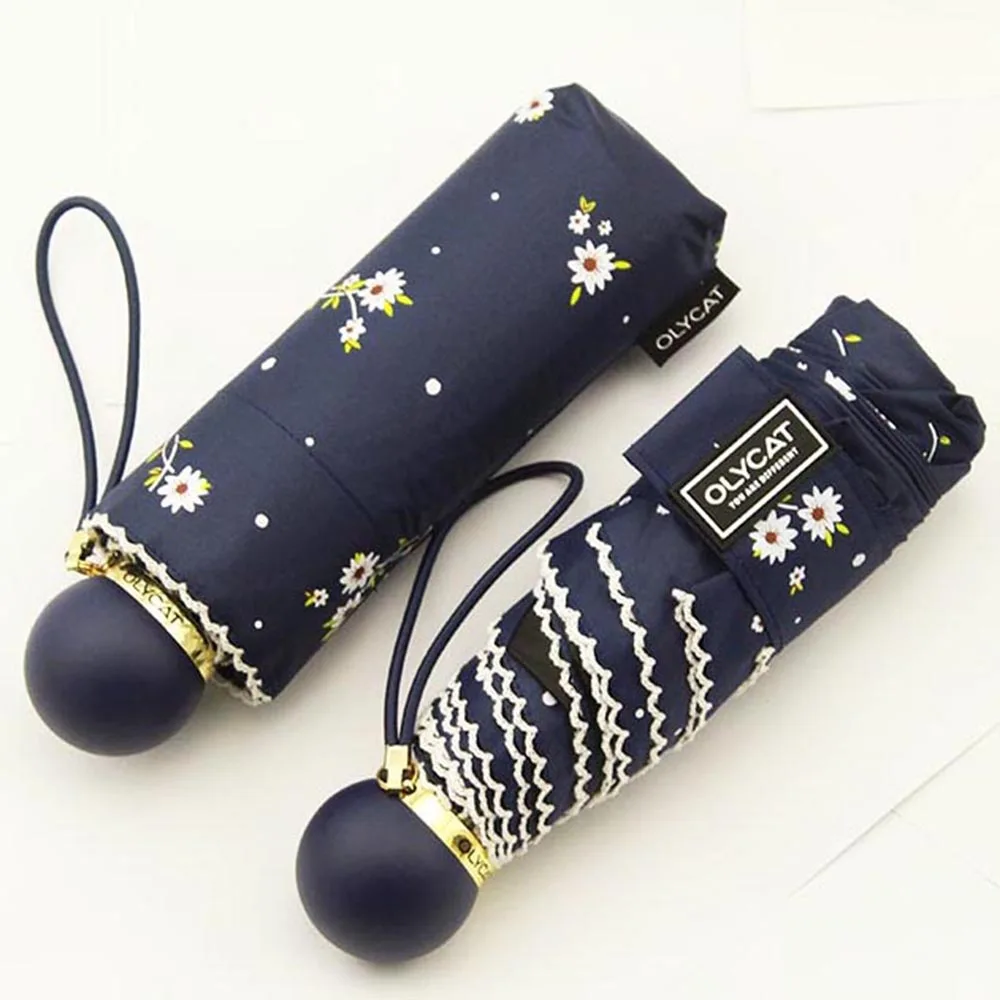 

OLYCAT Mini Pocket Umbrella Rain Women Sunscreen Anti UV Daisy Pattern Sun Umbrella Five Folding 6 Ribs Light Portable Umbrellas, Navy