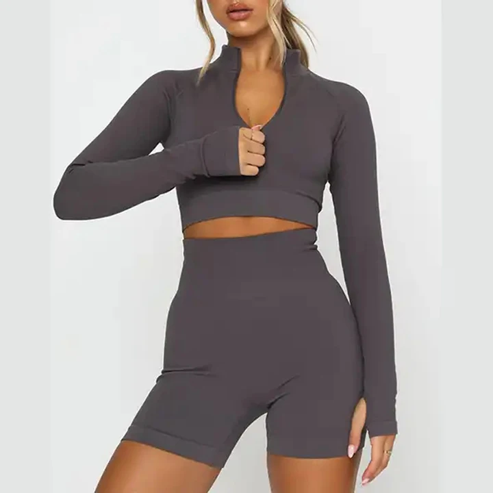 

2023 women yoga short set outfit bodycon two piece tops and high waist workout leggings shorts for women
