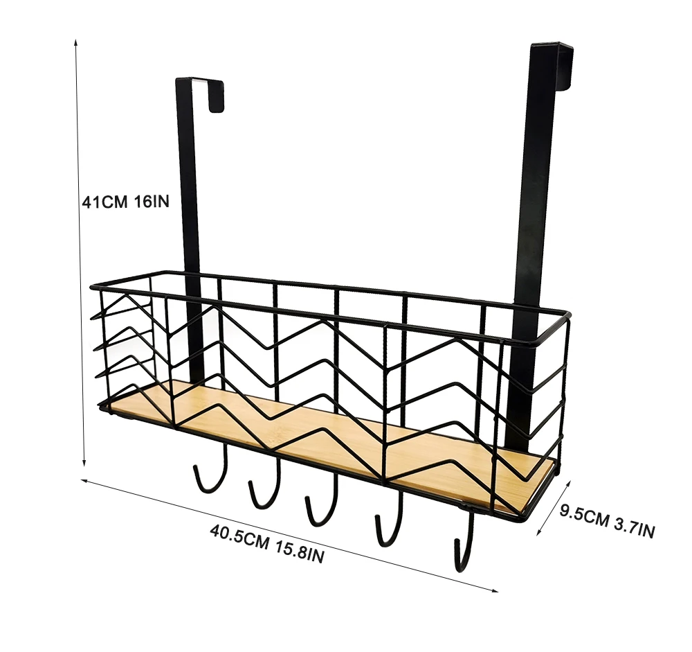 

Modern Black Metal Over-Door Hanger Multifunction Coat Rack with 5 Hooks Home Organizing Magazine and Basket Storage