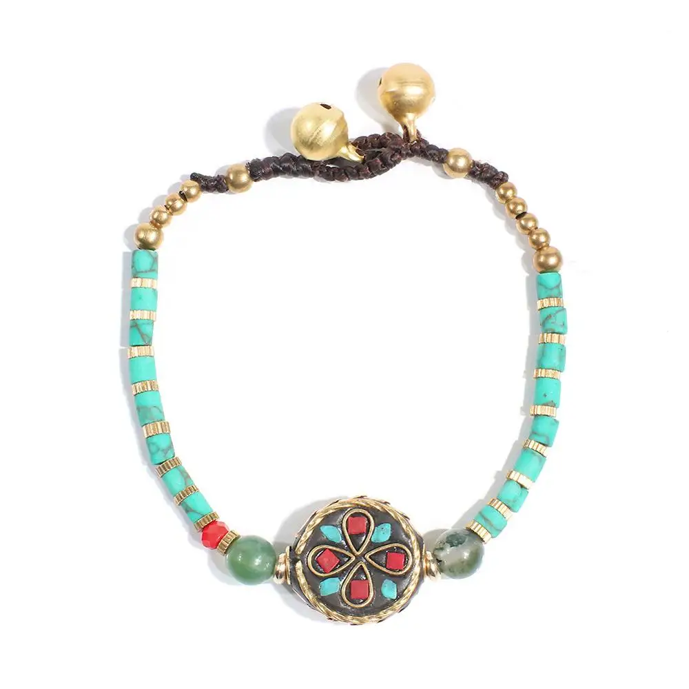 

New Arrival Vintage Adjustable Bohemia Gold Bell Pendant Turquoise Seed Beaded Bracelet for Women, Picture