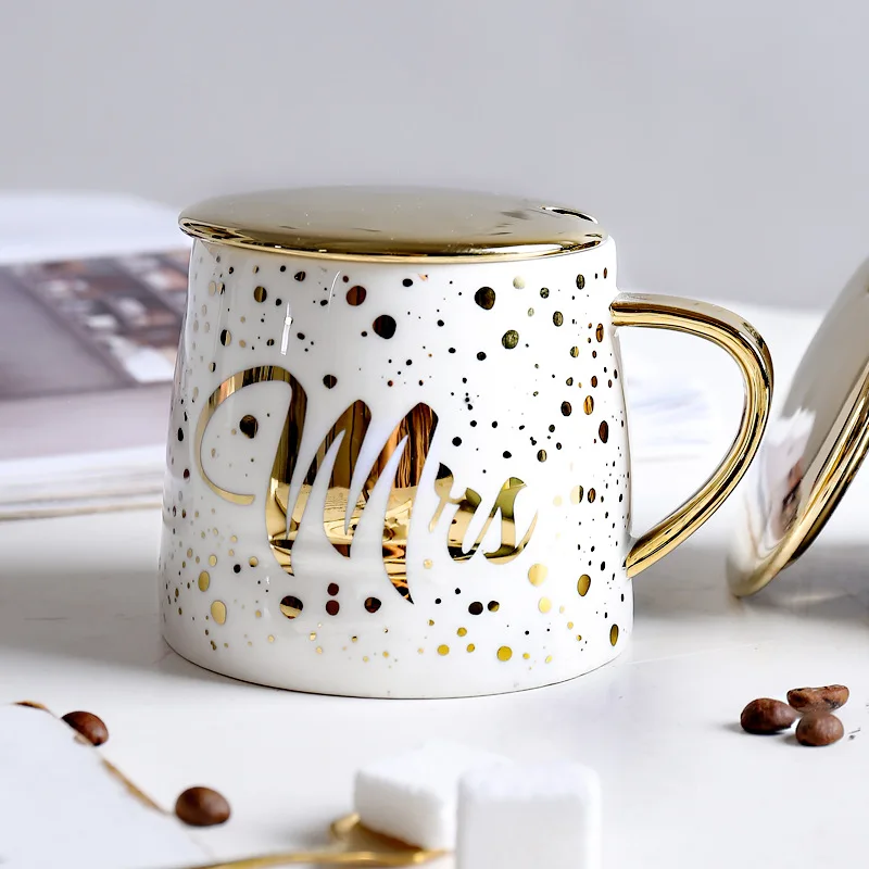 

Zogift Valentine's day gift cup gold foil handle mr and mrs mug wedding souvenir ceramic coffee mug cup, As picture