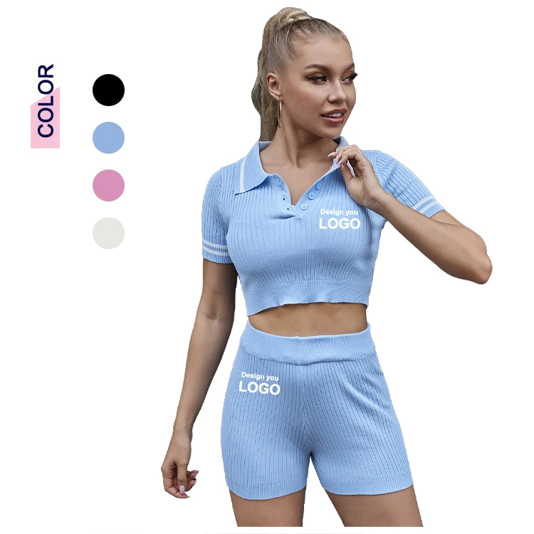 

2021 Fashion ladies knitted casual tight sports short sleeved two piece women Sexy crop sweater sets, Yellow,orange,purple,white,black,rose red,navy,light blue,green,khaki