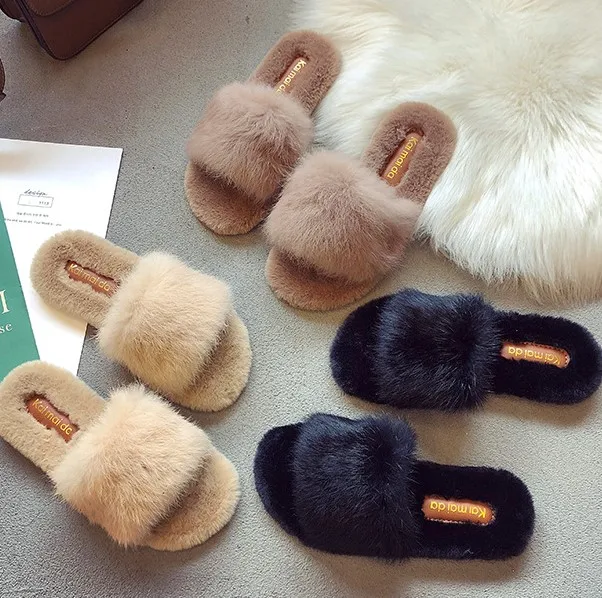 

QC-KMD807 The new autumn and winter fashion fur slippers for women to wear a flip-flop rabbit fur all-match warm fluffy slippers, As the picture shows