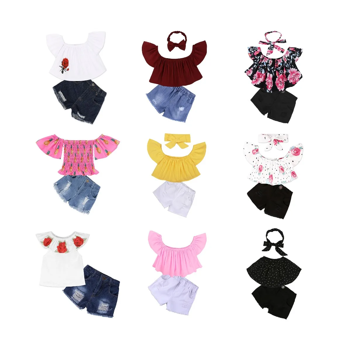 

Bulk wholesale fashion off shoulder top shorts set 2 pieces summer boutique girl 2020 kids clothing, Customized color