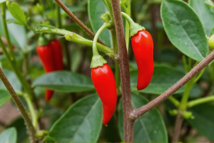 Close-up of pequin pepper plant showing small upright red peppers on woody stems