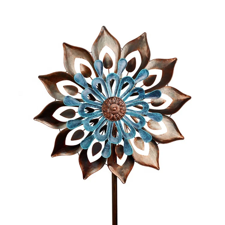 

Hourpark High quality New listing wind mill Metal copper stake wind spinner decoration for garden, Copper and blue