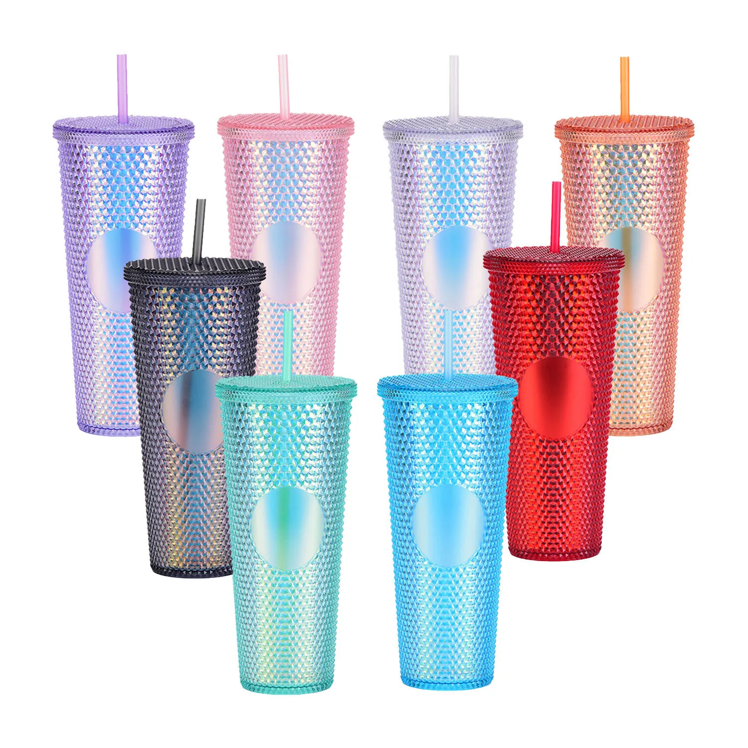 

Hot sale 24OZ Double Wall acrylic reusable cup Light Blue Purple Black Matte plastic studded tumbler with straw, Customized color