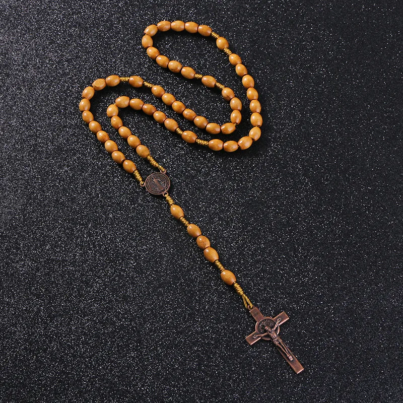 

KOMi Handmade Weave Round Saint Benedict Medal Antique Wooden Rosary Cross Necklace Vintage Catholic Religious Jesus Jewelry Mot, As shown