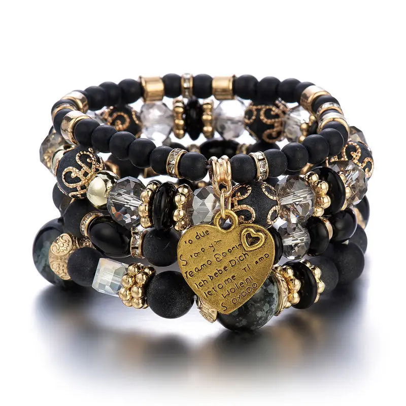 

Bohemian ethnic style crystal peach heart beaded ladies multilayer bracelet