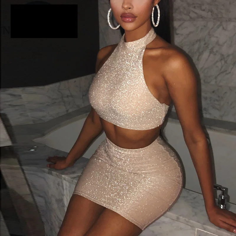 

MS 2021 spring wholesale summer bodycon backless casual dresses party mini sexy dress diamonds two piece set women clothing, As picture