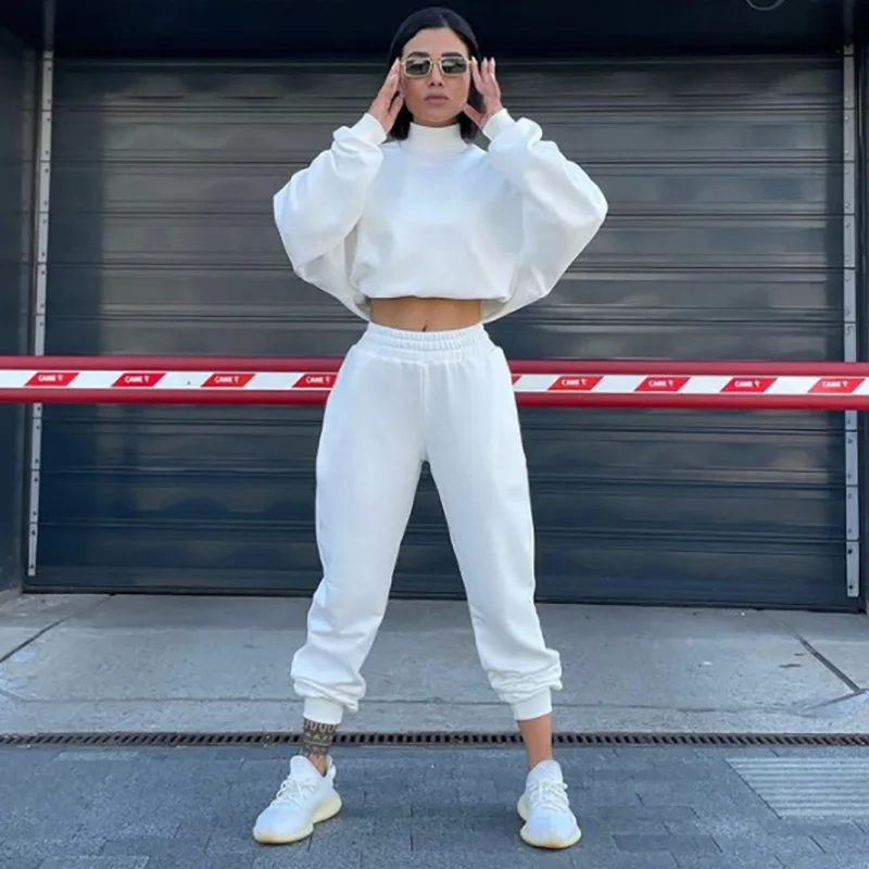 

Fall 2021 Women Clothes Solid Loose Long Sleeve Crop Top + Elastic Waist Trousers Two Piece Pants Set, Picture