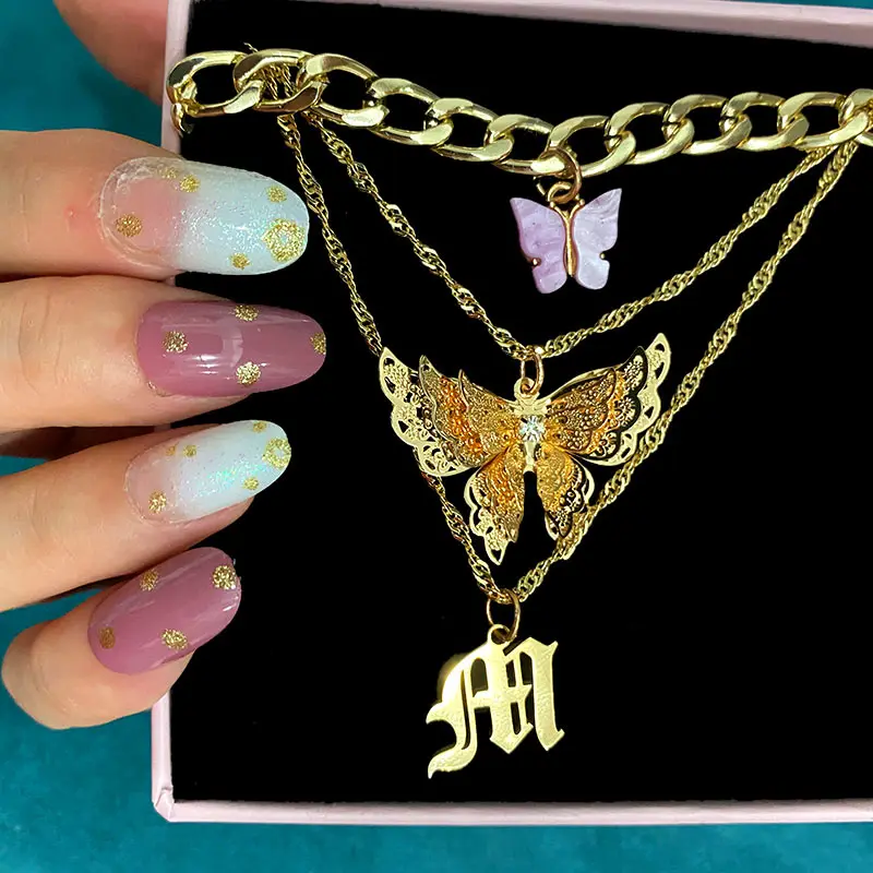 

2020 New Bohemian Fashion Party Jewelry Chain Choker Gold Color Punk Hollow Letter Butterfly Pendant Necklace