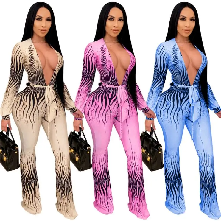 

New Arrivals Latest Design Women Fashion Clothing 2021 Bandage Sexy One Piece Jumpsuits V-neck Jumpsuit