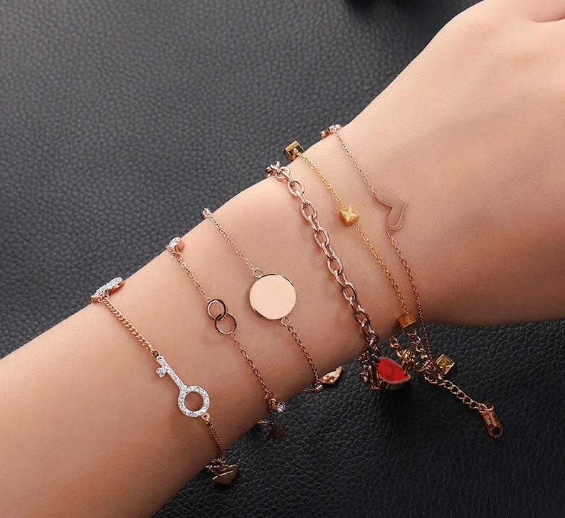 

PUSHI korean fashion charm titanium steel bracelet jewelry rose gold stainless steel mix anklet bracelets women