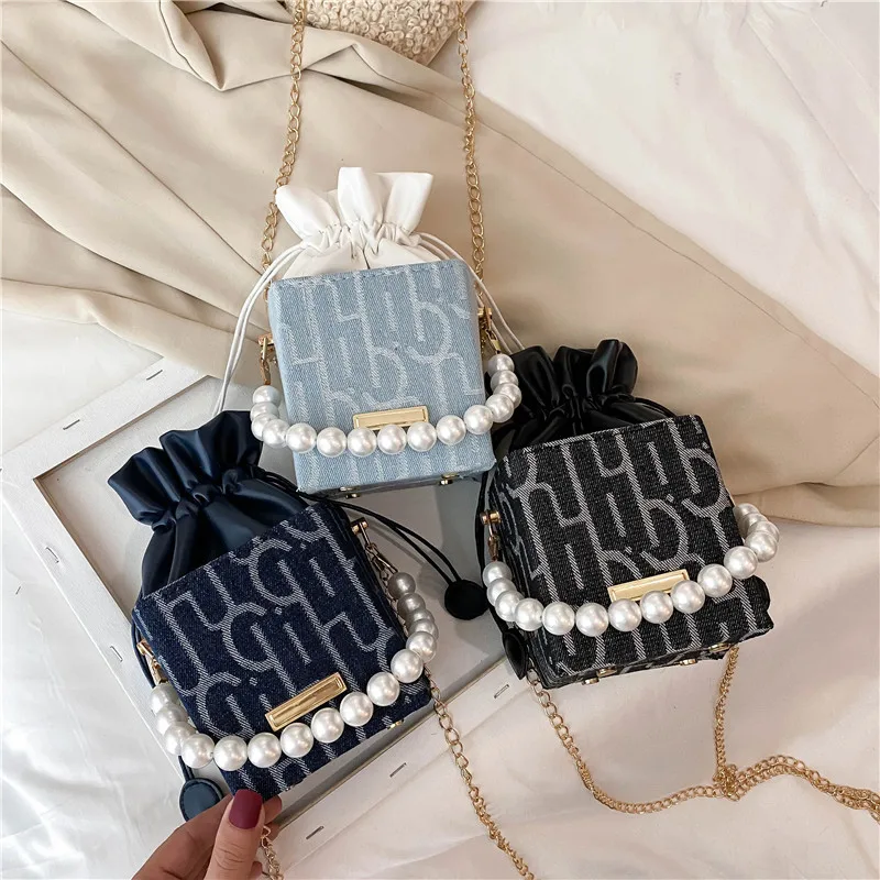 

2021 New Women Hand Bags Ladies Bags Pearl Chain Beaded Clutch Cute and Fresh Designer Crossbody Lady Shoulder Bag, Dark blue, black, light blue