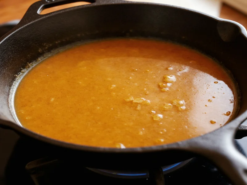 Golden brown gravy simmering in cast iron skillet