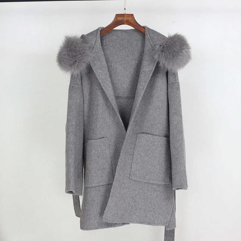 

OFTBUY 2021 Real Fur Coat Winter Jacket Women Loose Natural Fox Fur Collar Cashmere Wool Blends Outerwear Streetwear Oversize