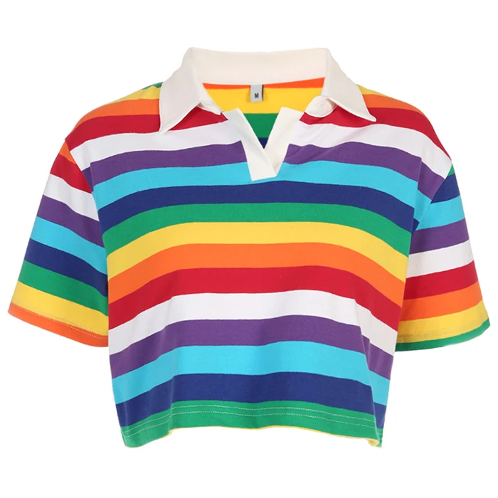 

2019 Wholesale latest design women fashion crop top no button polo t shirt colorful striped, Custom color