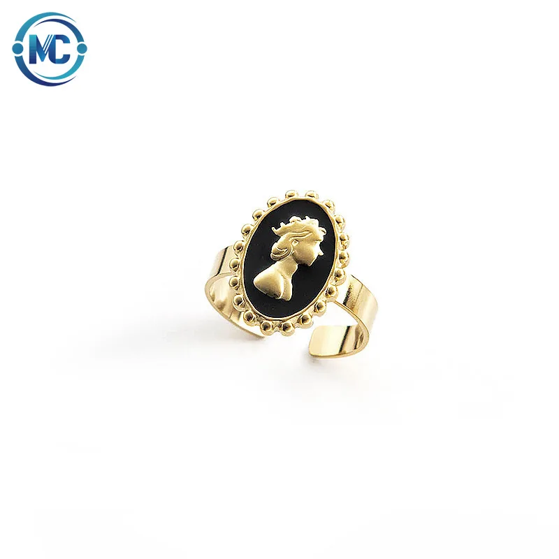

Vintage Classic Enamel Oval Portrait Ring Titanium Steel Texture Opening Adjustable Women Ring Party Jewelry Gifts, Gold color