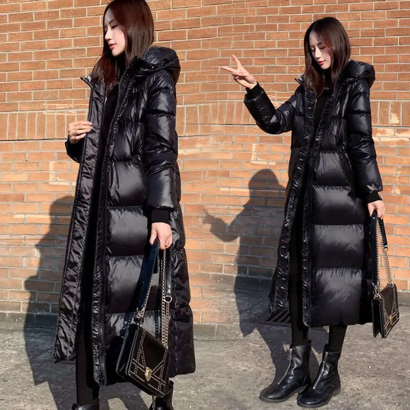 Black Glossy Parka Coat Women's 2021 Fashion Thicken Winter Hooded Loose Long Jacket Female Windproof Rainproof Warm Outwear