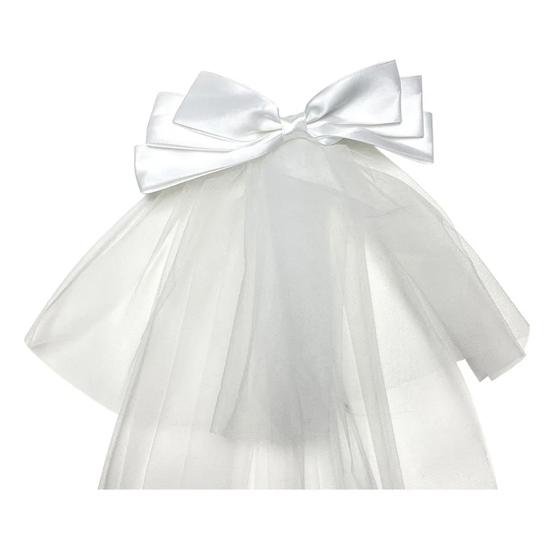 Fashion Wedding Hair Accessories White Satin Mesh Veil Bow Bride Hair Clip Bridal Veil Women