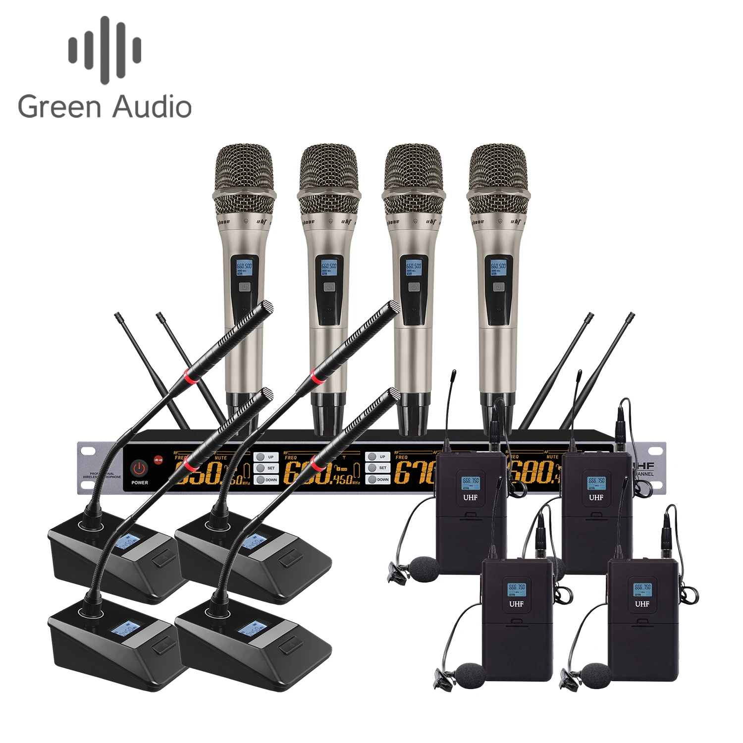 

GAW-BR808 BR series professional with IR infrared pair frequency UHF wireless 1 to 4 microphone for stage kTV