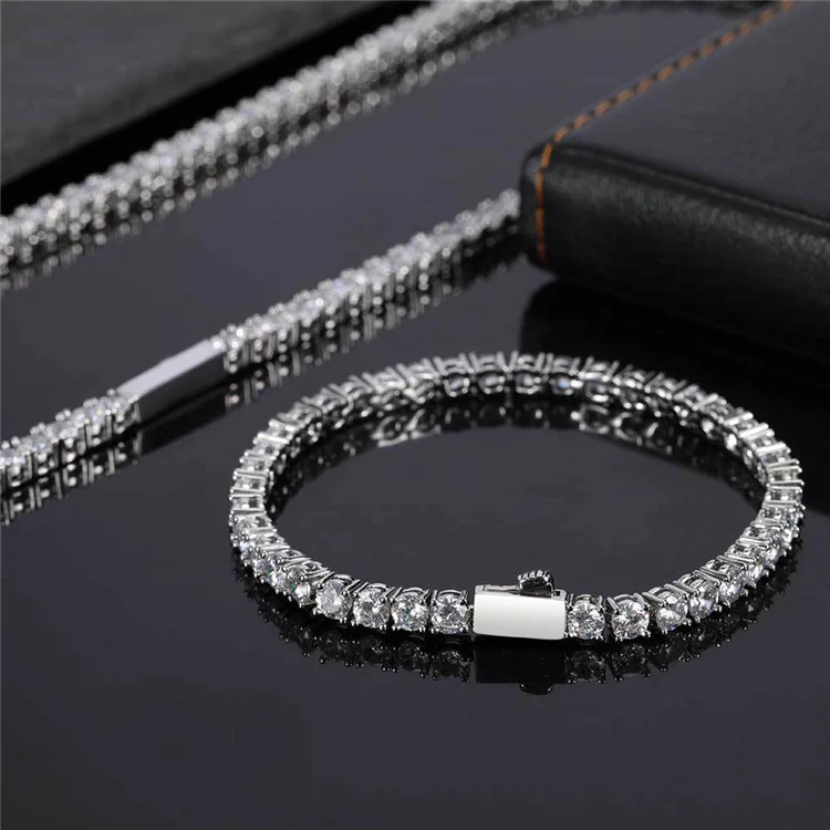 

4mmSpring Buckle Tennis Chain Iced Out Cubic Zirconia 1 Row Tennis Chain Bracelet Men And Women Hip Hop Jewelry
