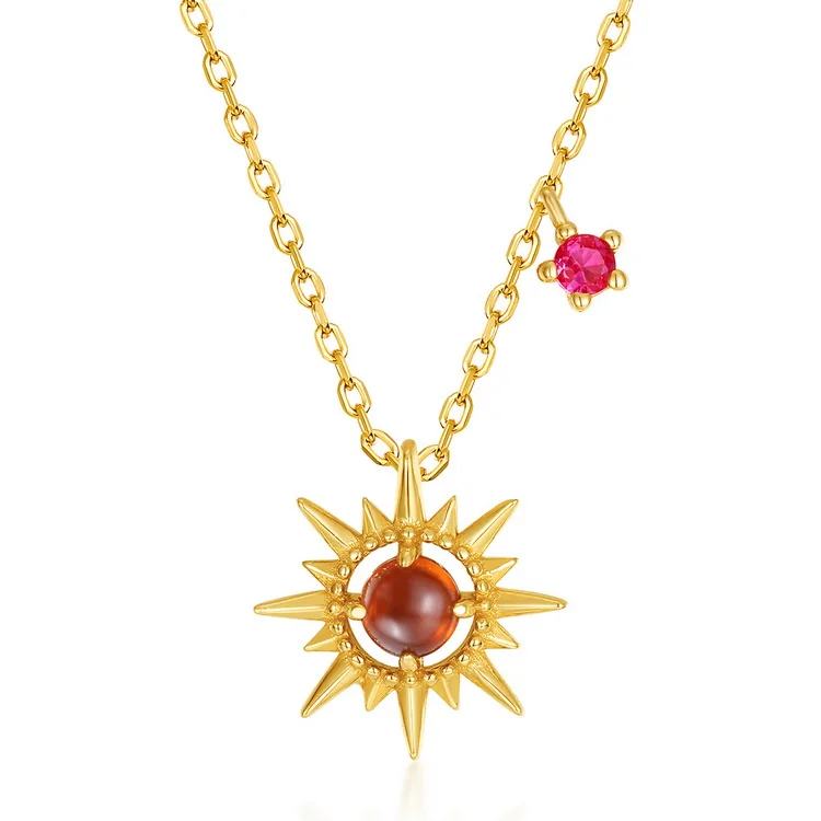 

Stylish Gold Plated Hot Design Silver 925 Sun Necklace Orange Garnet Jewelry Cross Chain