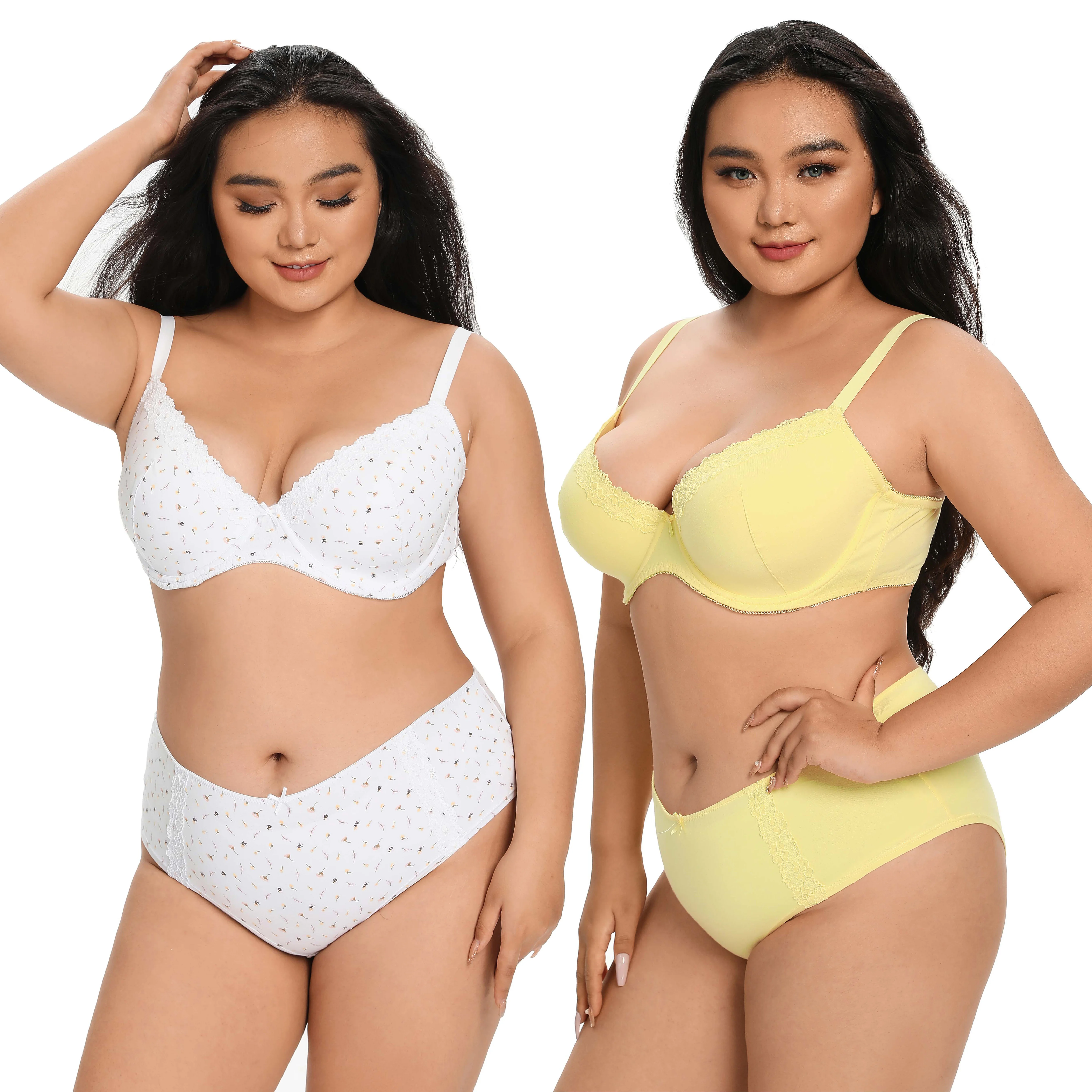 

Woman printed big size cotton cups bra sets padded underwire bra sets push up cup and bikini plus size padded Bra and brief sets