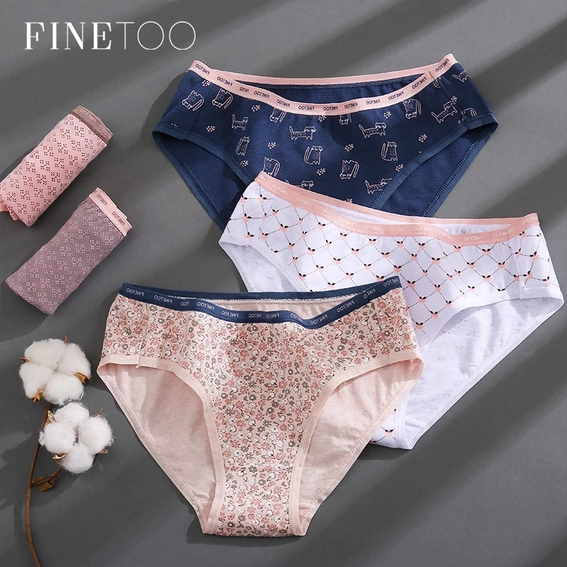 

FINETOO Women Cotton Panties Female Print Briefs Sexy Low-Rise Underpants Girls Cute Plus Size Intimates Lingerie