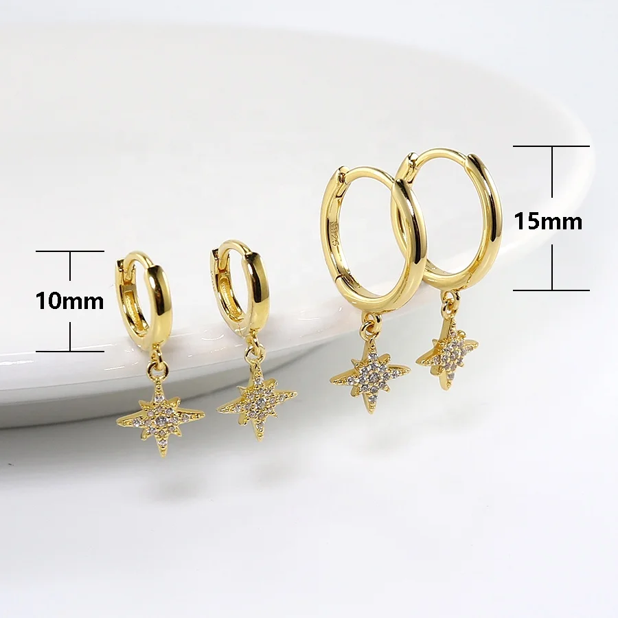 

OEM Factory Fashion Jewelry 925 Sterling Silver 18K Gold Plating Plain Starburst Charm Huggie Hoop Earrings For Women