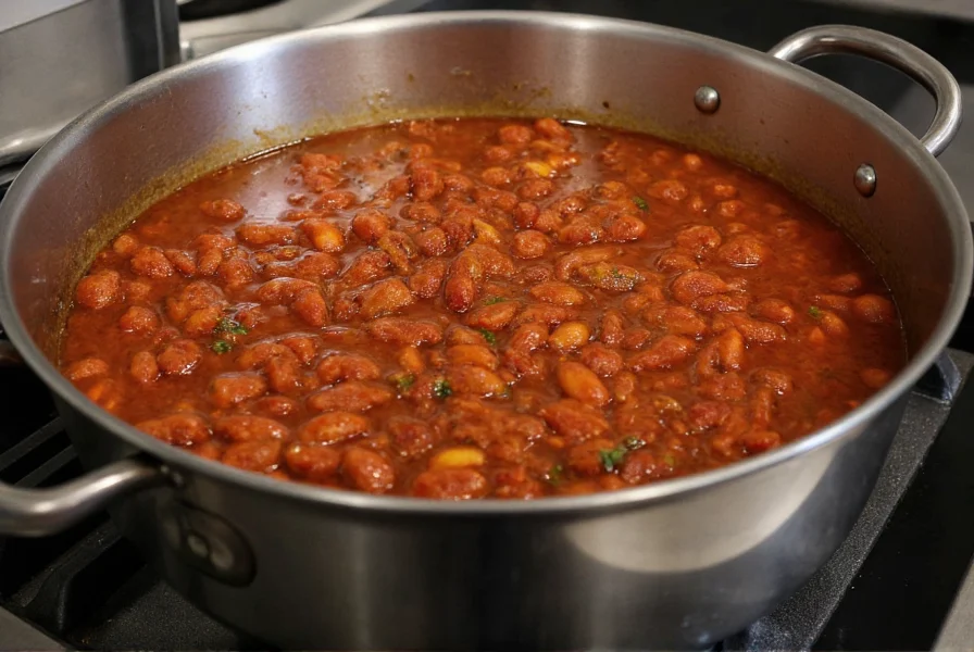 Large stainless steel pot of firehouse chili simmering on industrial stove in fire station kitchen