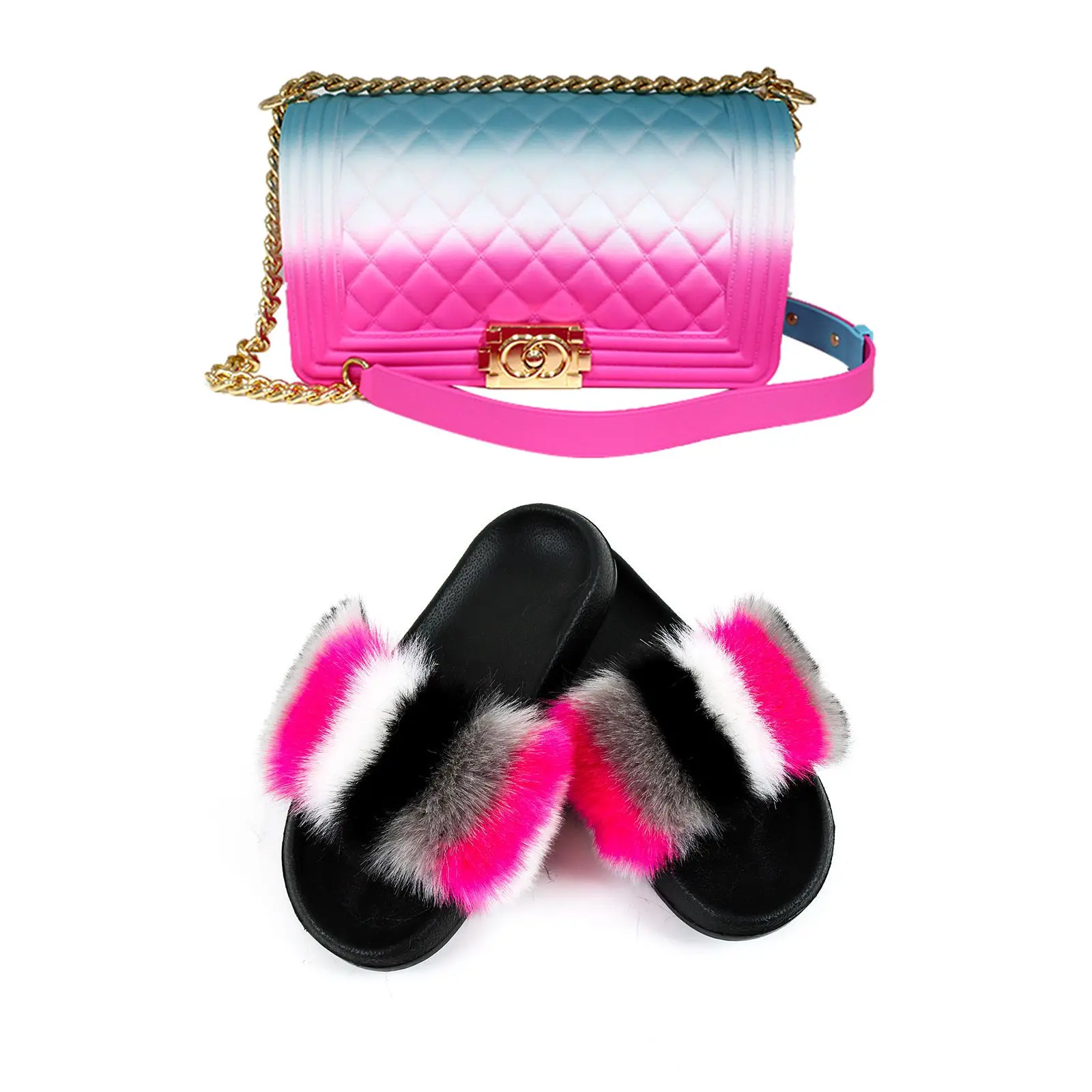 

Handbag italian shoes and bag set high quality pu handbag match fur slides purse handbag and fox fur slides sets