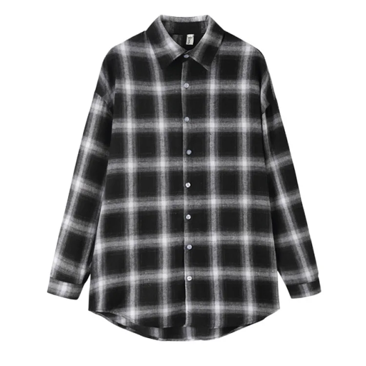 

Spring and Summer Plaid Shirt Women Retro Hong Kong Korean Version Loose Medium and Long Shirt Coat Sunscreen