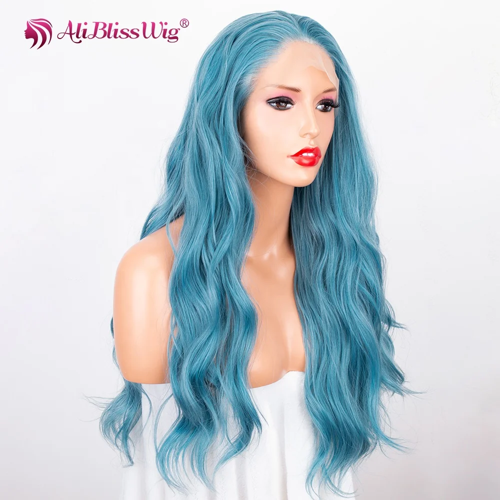 

Aliblisswig Natural Looking Free Parting Wigs Long Body Wave Style Dark Blue Cheap Synthetic Lace Front Wigs For Women Cosplay