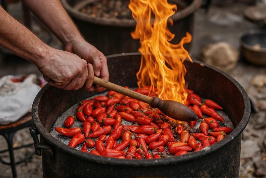 Chef roasting fresh Hatch chili peppers over an open flame in a traditional metal roasting drum