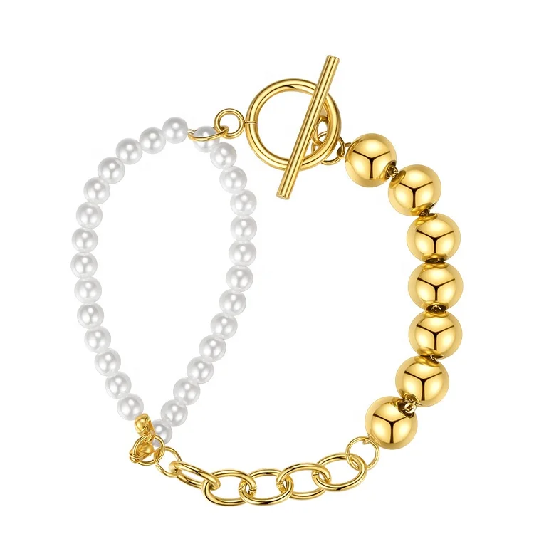 

Latest High Quality 18K Gold Plated Stainless Steel Jewellry Imitation Pearl Retro Fashion Bracelet B202216