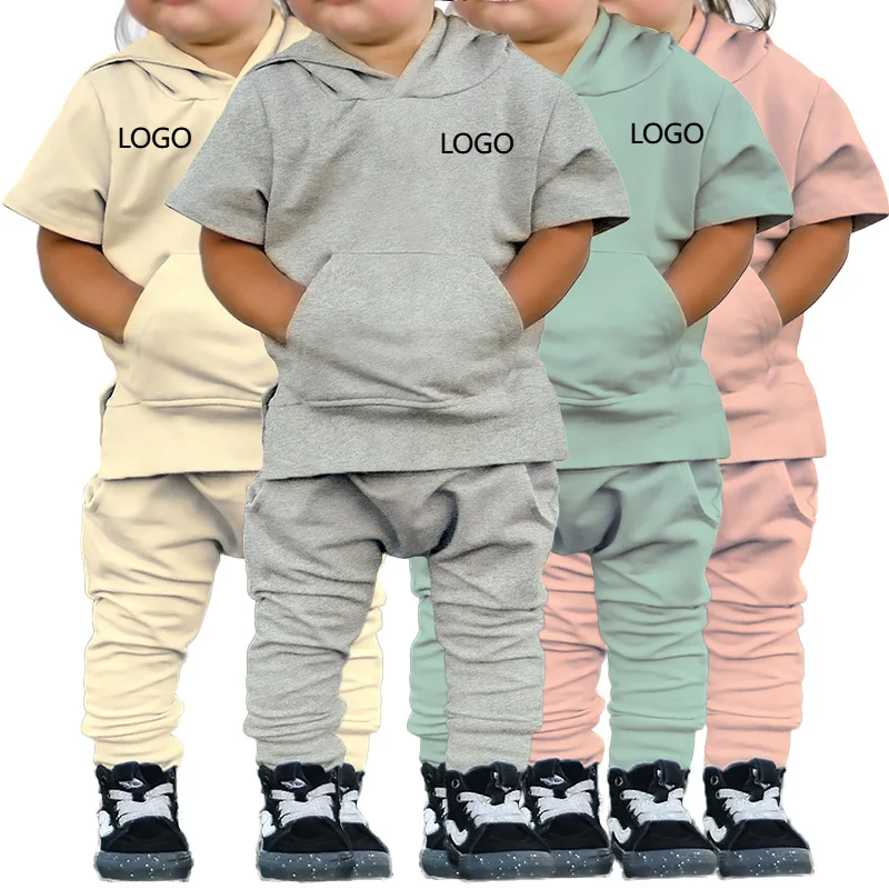 

Kids Two Piece Short Set Children Short Sleeve Sweatpants and Hoodie Set Casual Sports Boys Clothes Set