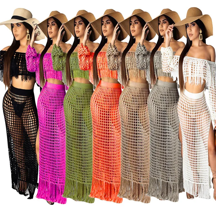 

2021 Trendy Mesh Crop Tops And Long Skirt Beach Sexy Plus Size Spring Women 2 Piece Set, Picture