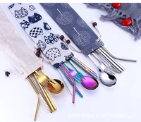 

FDA Reusable Stainless Steel Camping Cutlery Set Metal Flatware Knife Fork Spoon Straws Set with Portable Pouch