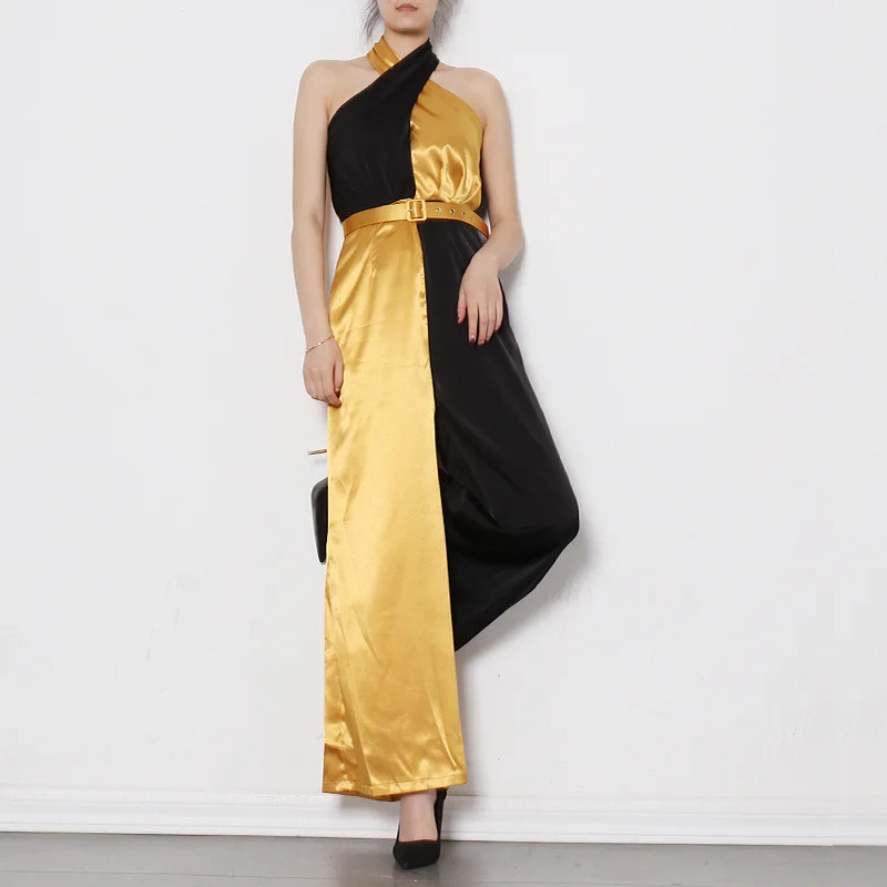 

2020 New arrival ladies elegant jumpsuit sexy cross-hanging neck off-the-shoulder waist and sleeveless wide-leg pantsuit