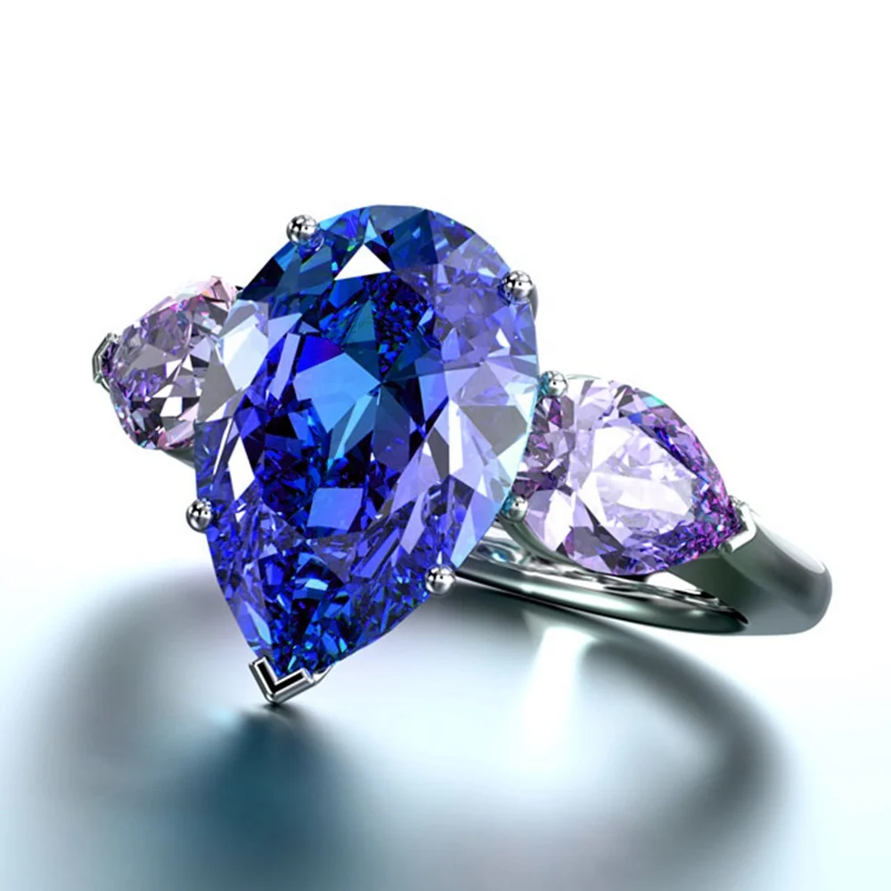 

Water Drop Wedding Rings With Blue&Purple Triple Shinny Tear Drop Cubic Zircon Stone Luxury Women Party Finger Jewelry