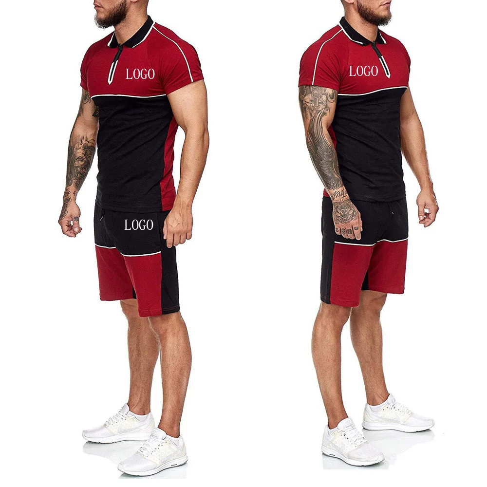

Summer Men Plus Size Polyester Sets Gym Wear Men T Shirt Leisure Drawstring Shorts Antistatic Two Piece Suits, As picture