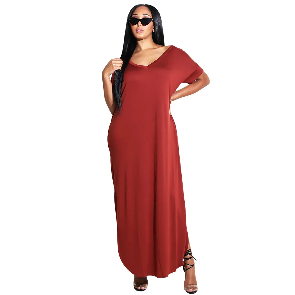 

Loose V Neck Split Side Plus Size T Shirt Clothes Sexy Women Fashionable Long Dress, As pictures showed