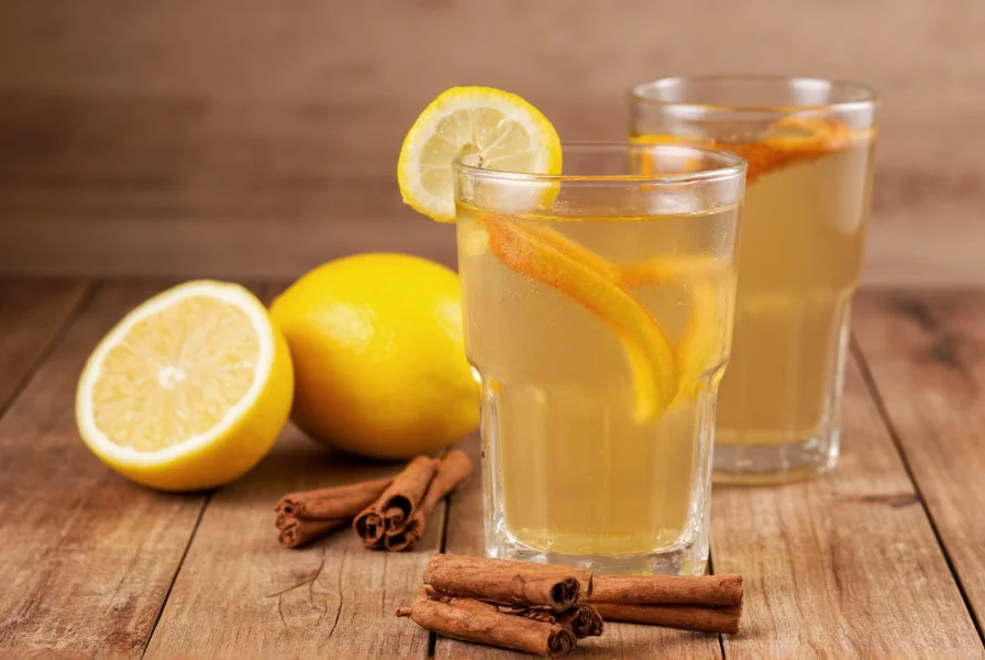 Zwei Gläser Zimtwasser auf Holztisch mit Zimtstangen und Zitrone
