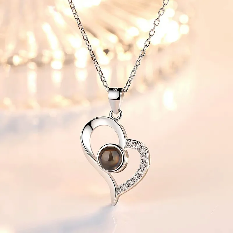 

100%sterling silver Best Gift for lovers Wholesale heart Valentine Day Pendant 100 language I love you silver necklace