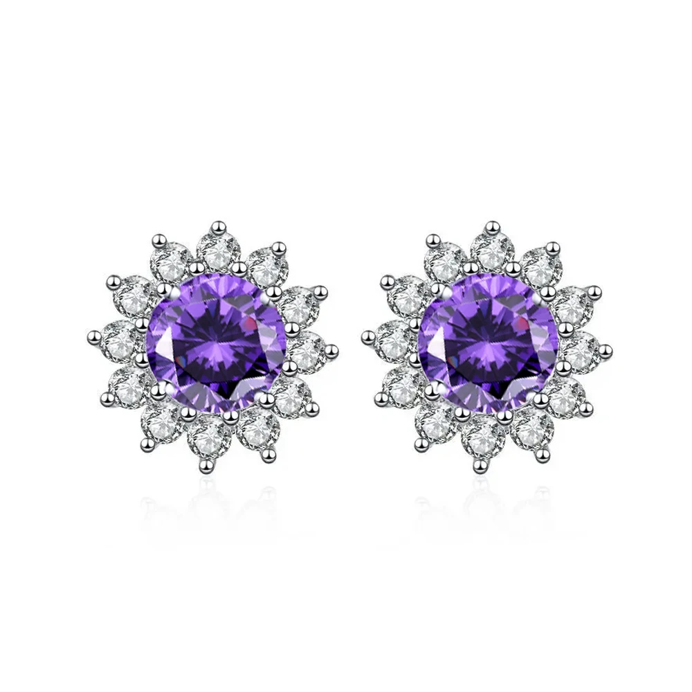 Fashion 925 Sterling Silver Round Cut Zircon CZ Jewelry Girls Flower Snowflake Shape Purple Stud Earrings for Women Dating Gift