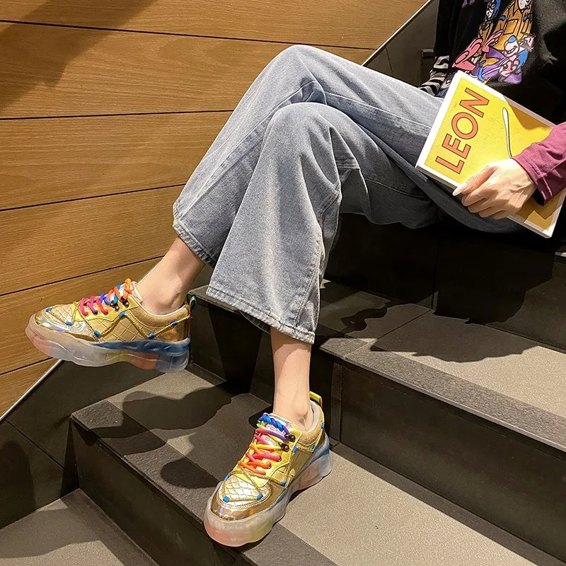 

2021 New Women Chunky Sneakers Designer Dad Shoes Platform Ladies Ulzzang Fashion Leather Casual Shoes For Woman, Blue,gold